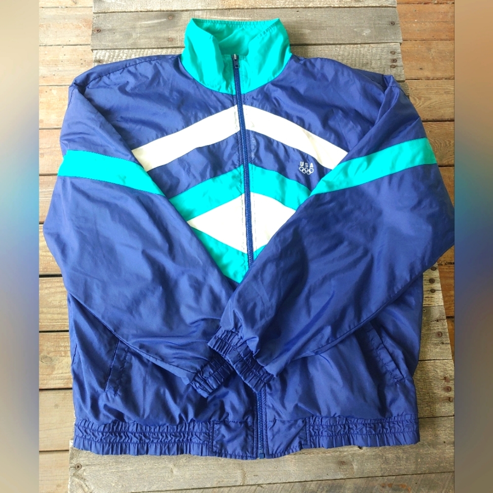 Vintage USA Olympics Full Zip Nylon Windbreaker Jacket Lined Pockets Size Large